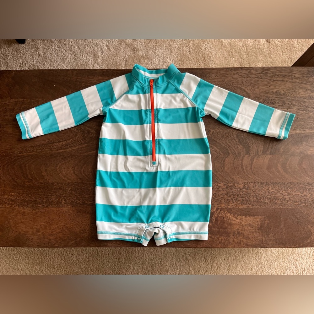 Primary Baby One-Piece Rash Guard 6-12mo UPF 50+, Like New, Teal and White